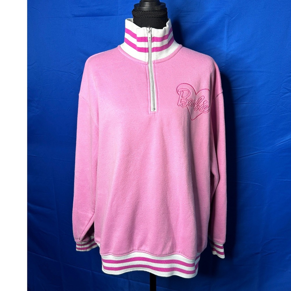 Barbie Womens Pink Quarter Zip Pullover Sz L Feminine Heart Striped Varsity Soft
